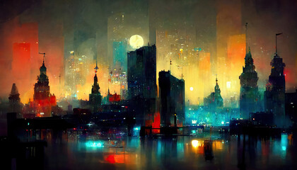 Fototapeta na wymiar Beautiful night cityscape abstract digital art illustration