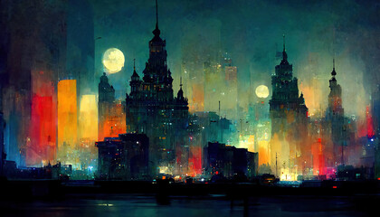 Fototapeta na wymiar Beautiful night cityscape abstract digital art illustration