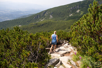 Woman with sticks walking along the trail in the mountains. Trekker with backpack on stone path. Outdoors activity and nordic walking in mountain. Healthy lifestyle. Sport and tourism.