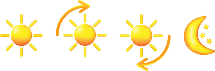 Set of 3D cartoon icon the weather forecast. Sunny, moon, sunrise and sunset. Vector illustration.