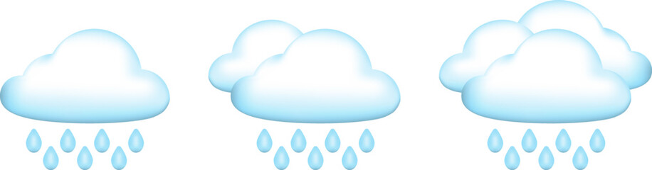 Set of 3D cartoon icon the weather forecast. Drizzle rain, rain and heavy rain. Vector illustration.