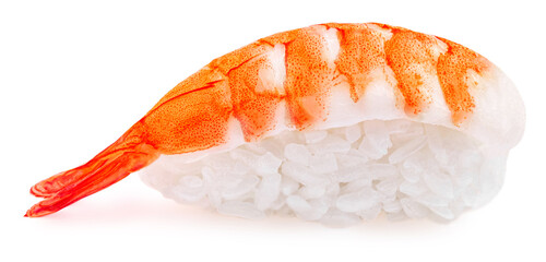 Sushi with a shrimp isolated on white background.  Side view. Macro. Japan fresh sushi closeup