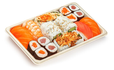 Sushi set in a box isolated on white background. Sushi with rice, salmon  and shrimps top view. Japan restaurant menu..