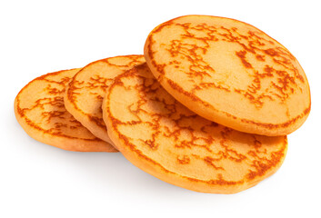 Stack of tasty fluffy pancakes isolated on white background..