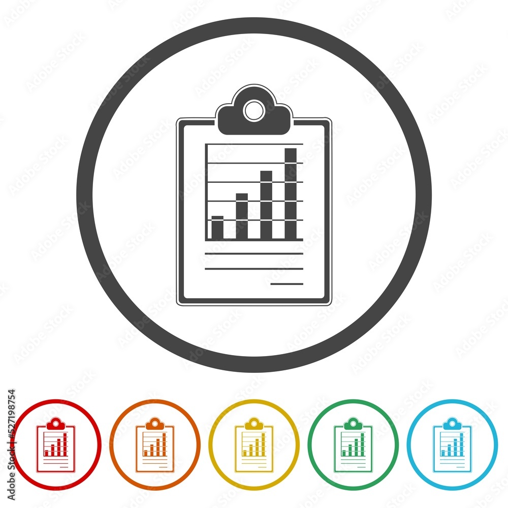 Sticker Clipboard with graph chart icon. Set icons in color circle buttons