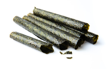 Deep fried seaweed rolls,Snacks, Seaweed, Baked, Dried, Crispy isolated on white background.