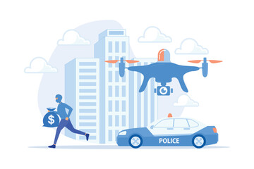 Police car and drone tracking thieve in mask with money and crime scene. Law enforcement drones, police drone use, smart city IoT tools concept. flat vector modern illustration