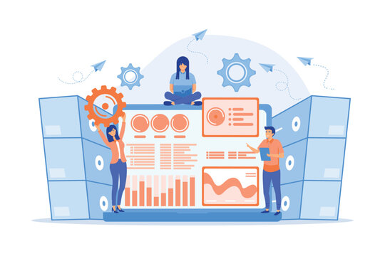 Laptop with data visualization software and developers working. Big data visualization, big data analytics, visualization software concept.