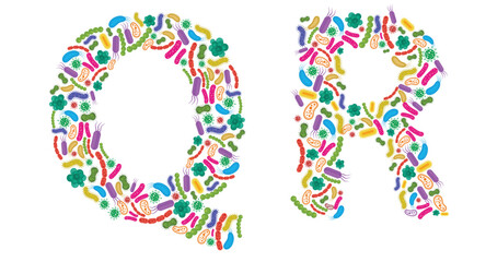 Vector alphabet Q R made of Bacteria isolated on white background, bacteria font. Vector illustration.
