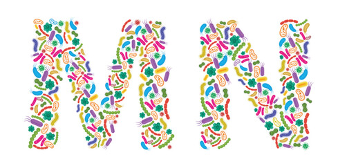 Vector alphabet M N made of Bacteria isolated on white background, bacteria font. Vector illustration.