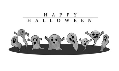 Ghost party, watercolor cute ghosts celebrating Halloween, funny ghost isolated on white background
