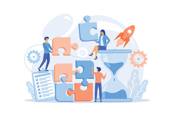 Fototapeta na wymiar Project management. Business process and planning, workflow organization. Colleagues working together, teamwork. Project delivery concept. flat vector modern illustration