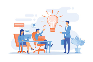 Office meeting, brainstorm vector illustration. Creative idea generation, company workers cooperation, innovation discussion concept. flat vector modern illustration
