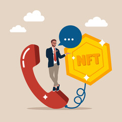 Confidence salesman standing with telephone connected to money NFT token. Telemarketing or telesales, phone call for selling product or business deal via telephone call, insurance agent.