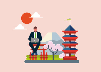 Businessman with laptop sitting outside with beautiful landscape in background. Sunrise, mountains and pink sky. Freedom, working late and workaholic concept. Vector illustration.