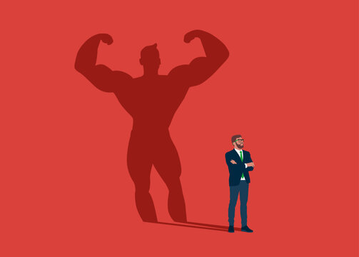 Businessman dreams of becoming a bodybuilding. Confident handsome young man standing bodybuilding shadow concept illustration.
