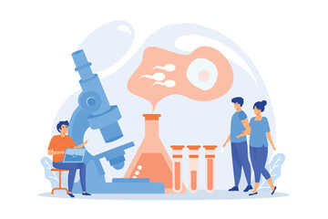 Scientist on microscope working on infertility treatment for couple. Infertility, female infertility causes, sterility medical treatment concept. flat vector modern illustration - obrazy, fototapety, plakaty