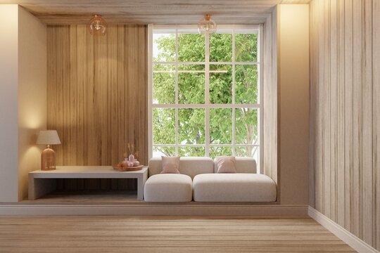 Farmhouse space wall wood lath,living room interior with sofa white side table and lookout window.3d rendering
