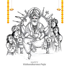 Fototapeta na wymiar Hand draw hindu god vishwakarma sketch and vishwakarma puja celebration card design