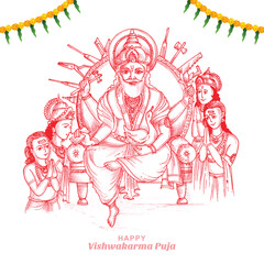 Hand draw hindu god vishwakarma sketch and vishwakarma puja celebration card design