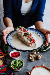 mexican woman hands preparing and cooking chiles en nogada recipe with Poblano chili and ingredients, traditional dish in Puebla Mexico	