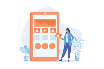 Content management. Woman posting advertisement in social media networks flat female character. CMS, digital marketing, Internet blogging. flat vector modern illustration
