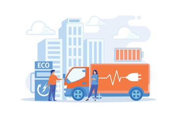 Eco-friendly elecrtic truck with plug charging battery at the charger station. Electric truck, eco-friendly logistics, modern transportation concept. flat vector modern illustration