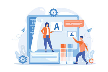 Programmers at computer using low code platform on computer, tiny people. Low code development, low code platform, LCDP easy coding concept.flat vector modern illustration