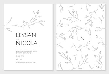 Wedding invitation template. Hand-drawn contoured twigs.