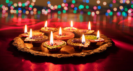 Diwali. Diya oil lamps lit at Deepavali celebration. Hindu Festival of lights India.