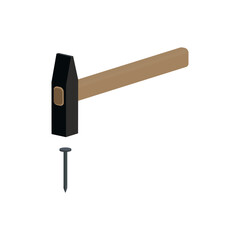 Color illustration hammer, nail on a white background. Vector graphics. Design element for poster, banner, print, badge, icon, sticker. Workshop symbolism. Tool for work.
