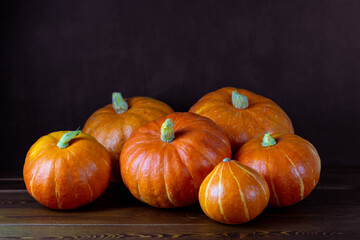Autumn ripe pumpkins on a dark wooden background