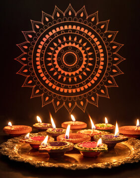 Diwali. Diya oil lamps lit at Deepavali celebration. Hindu Festival of lights India.