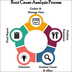 Infographic template of a Five step root cause Analysis Process with icons and description placeholder