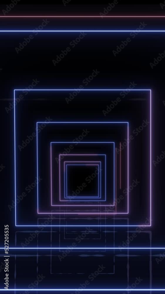 Poster neon lines in abstract movement as a tunnel of square elements with reflections on the floor - endle
