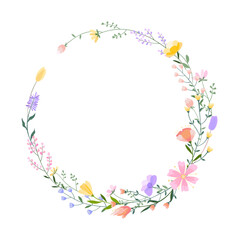 Vector floral wreath illustration. Set of leaves, wildflowers, twigs, floral arrangements. Beautiful compositions of field grass and bright spring flowers.