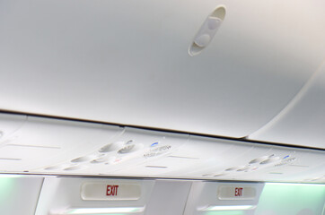 View of the cabin of a large passenger plane.