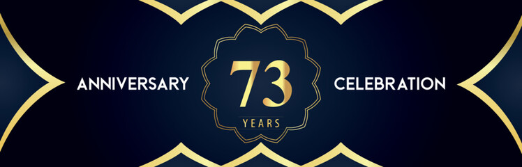 73 years anniversary celebration logo with gold decorative frames on dark blue background. Premium design for booklet, banner, weddings, happy birthday, greetings card, graduation, ceremony, jubilee.