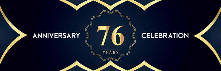 76 years anniversary celebration logo with gold decorative frames on dark blue background. Premium design for booklet, banner, weddings, happy birthday, greetings card, graduation, ceremony, jubilee.