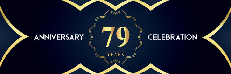 79 years anniversary celebration logo with gold decorative frames on dark blue background. Premium design for booklet, banner, weddings, happy birthday, greetings card, graduation, ceremony, jubilee.