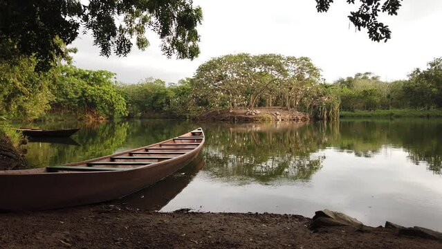 Birds gathering on an island with trees with a boat lying on the shore in Accra Ghana West Africa