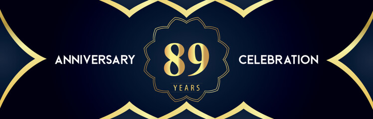 89 years anniversary celebration logo with gold decorative frames on dark blue background. Premium design for booklet, banner, weddings, happy birthday, greetings card, graduation, ceremony, jubilee.