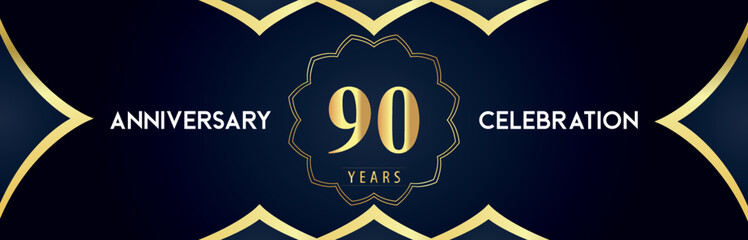 90 years anniversary celebration logo with gold decorative frames on dark blue background. Premium design for booklet, banner, weddings, happy birthday, greetings card, graduation, ceremony, jubilee.