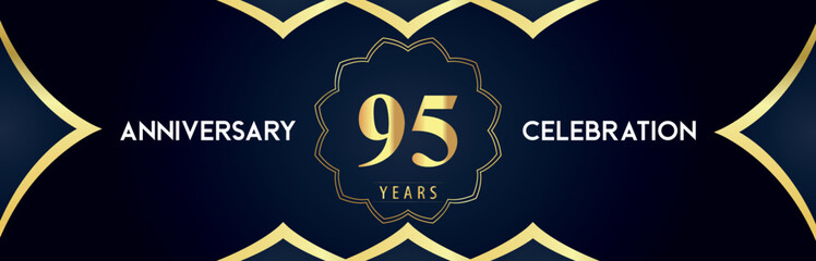 95 years anniversary celebration logo with gold decorative frames on dark blue background. Premium design for booklet, banner, weddings, happy birthday, greetings card, graduation, ceremony, jubilee.