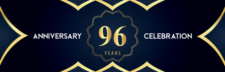 96 years anniversary celebration logo with gold decorative frames on dark blue background. Premium design for booklet, banner, weddings, happy birthday, greetings card, graduation, ceremony, jubilee.