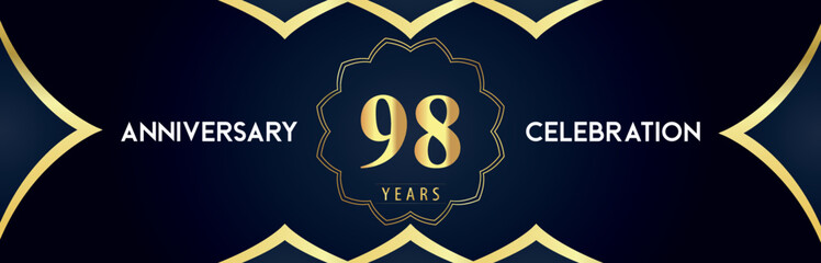 98 years anniversary celebration logo with gold decorative frames on dark blue background. Premium design for booklet, banner, weddings, happy birthday, greetings card, graduation, ceremony, jubilee.
