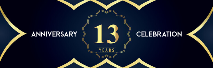 13 years anniversary celebration logo with gold decorative frames on dark blue background. Premium design for booklet, banner, weddings, happy birthday, greetings card, graduation, ceremony, jubilee.