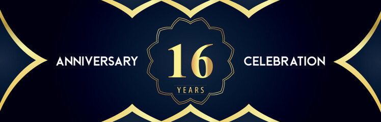 16 years anniversary celebration logo with gold decorative frames on dark blue background. Premium design for booklet, banner, weddings, happy birthday, greetings card, graduation, ceremony, jubilee.