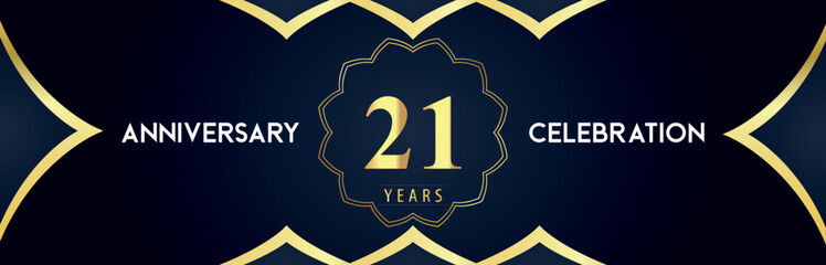 21 years anniversary celebration logo with gold decorative frames on dark blue background. Premium design for booklet, banner, weddings, happy birthday, greetings card, graduation, ceremony, jubilee.