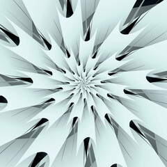 Unusual modern abstract flower illustration or pattern with geometric sharp petals in gradient black, white and gray colors. Fantastic abstract symmetrical flower with petals
